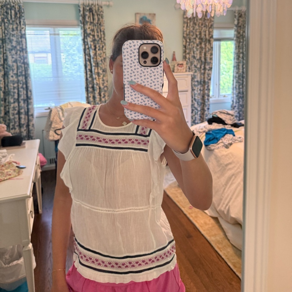LoveShackFancy Cream Top with Pink and Navy Embroidery